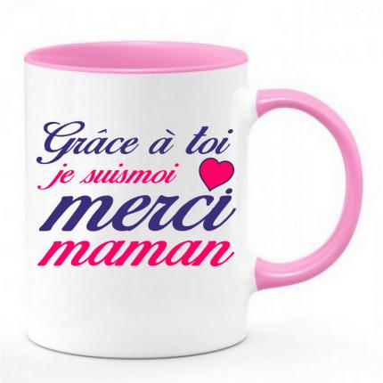 Mug bicolor rose et blanc pour MAMAN Grâce à toi je suis moi, merci maman