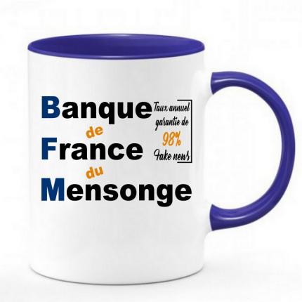 MUG bicolor BFM TV  BANQUE DE FRANCE DU MENSONGE  bleu & blanc